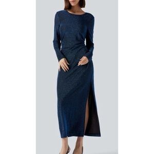 Halara Tie Back Cut-out Long Sleeve Split Hem Midi Sparkle Party Dress Blue